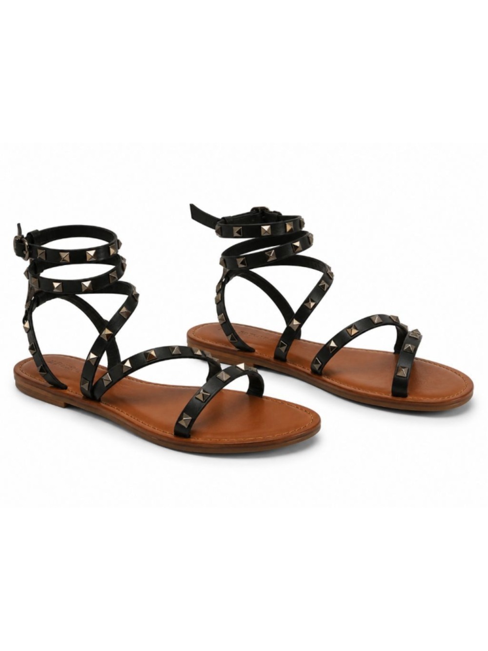 Bamboo Black Studded Gladiator Sandals Women's Size 7 Ankle Wrap Boho Chic
